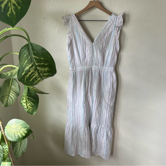 Loft | Shimmer Stripe Ruffle Midi Pocket Dress - Picture 1 of 8